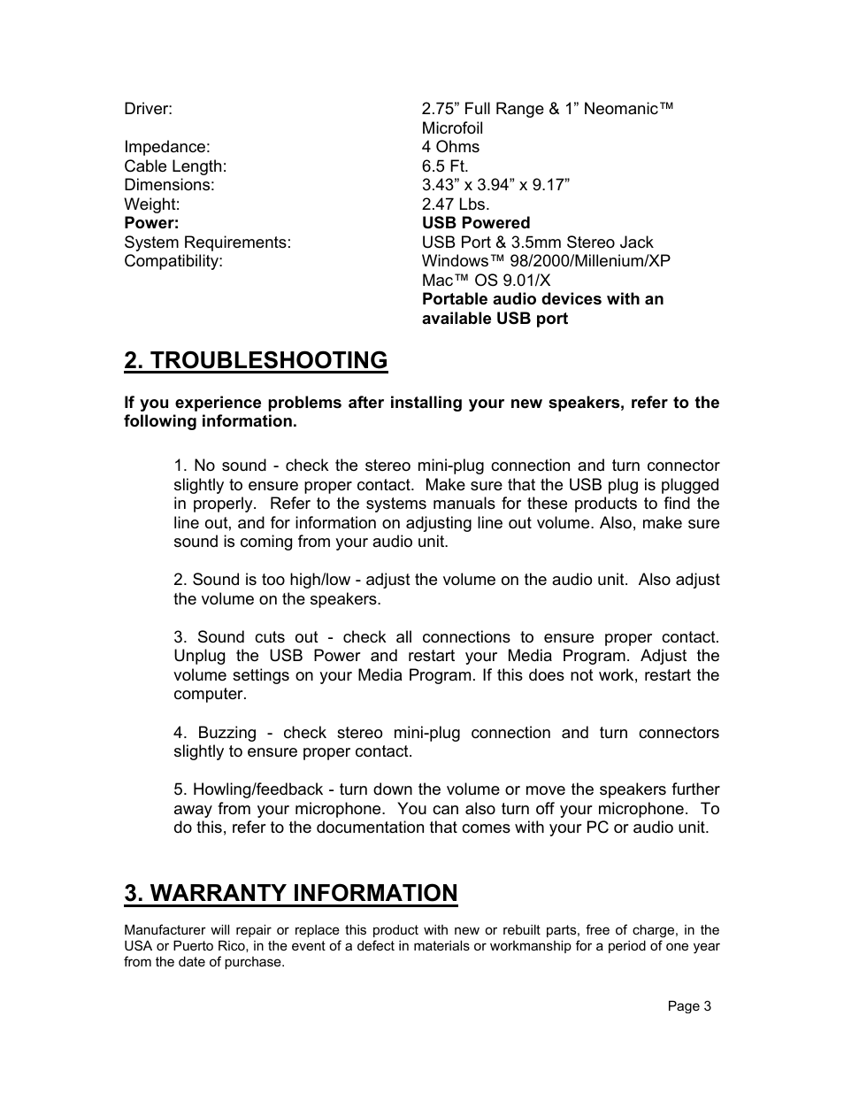 Power: usb powered, Portable audio devices with an available usb port, Troubleshooting | Warranty information | Benwin Ecco USB-P 2.0 User Manual | Page 4 / 7