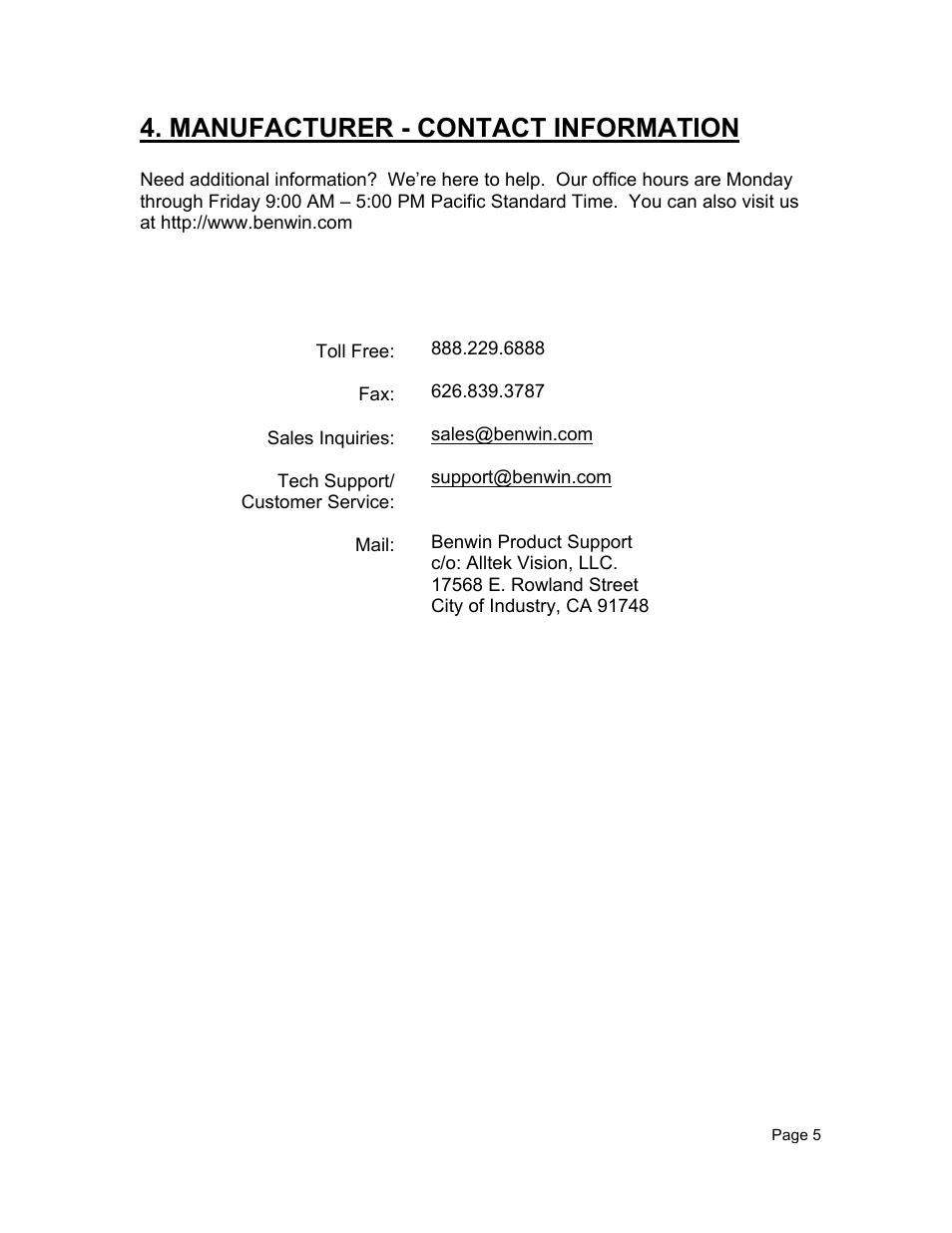 Manufacturer - contact information | Benwin Ecco USB-P 2.0 User Manual | Page 6 / 7
