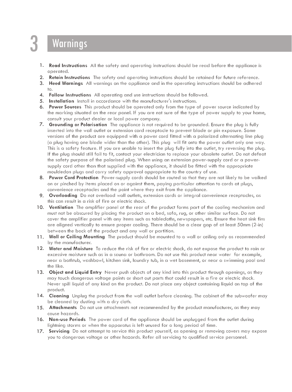 Warnings | Bolzano Villetri BV Subwoofer VECCHIO User Manual | Page 4 / 7