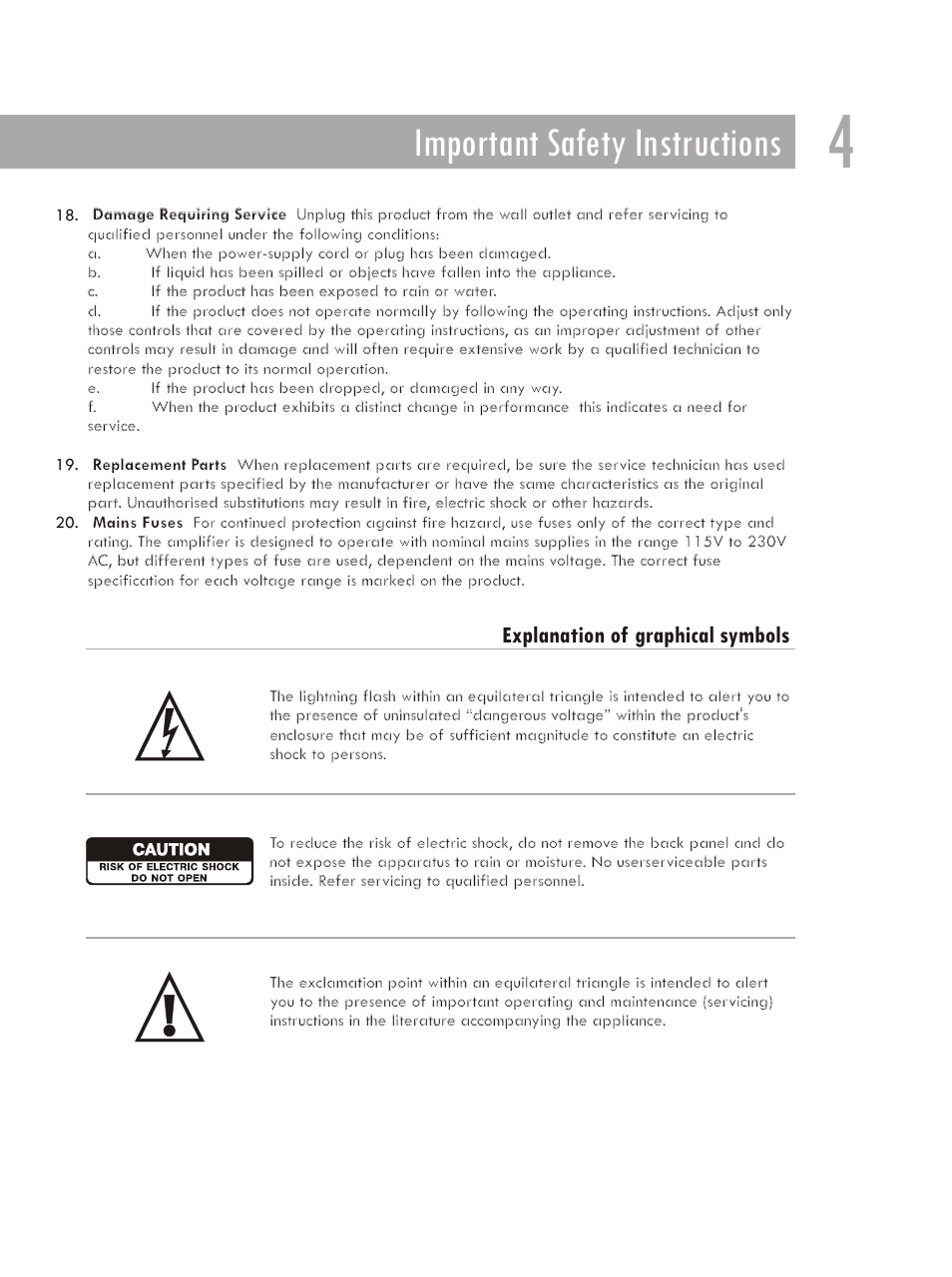 Important safety instructions, Explanation of graphical symbols | Bolzano Villetri BV Subwoofer VECCHIO User Manual | Page 5 / 7