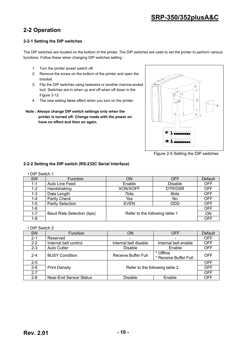 2 operation, 2-1 setting the dip switches, Rev. 2.01 | BIXOLON 352plusA User Manual | Page 10 / 59