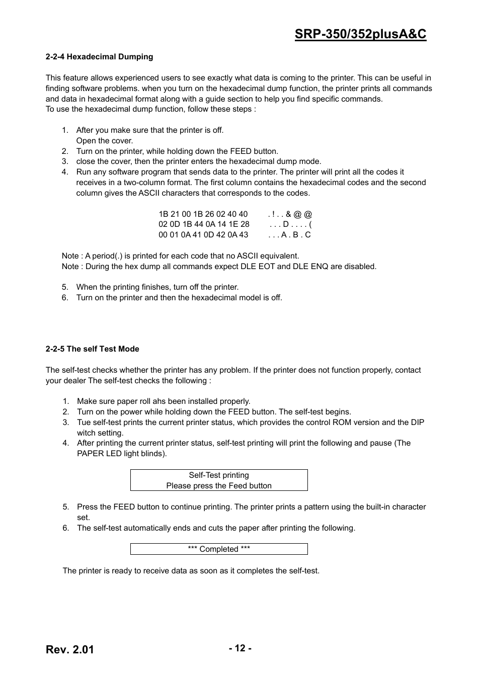 2-4 hexadecimal dumping, 2-5 the self test mode, 12 2-2-5 the self test mode | Rev. 2.01 | BIXOLON 352plusA User Manual | Page 12 / 59