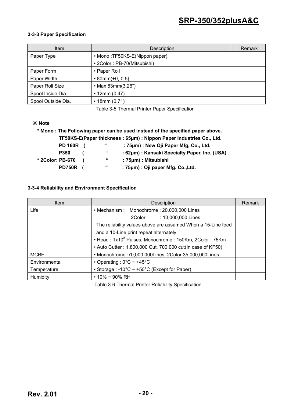 3-3 paper specification, 3-4 reliability and environment specification, 20 3-3-4 reliability and environment specification | Rev. 2.01 | BIXOLON 352plusA User Manual | Page 20 / 59