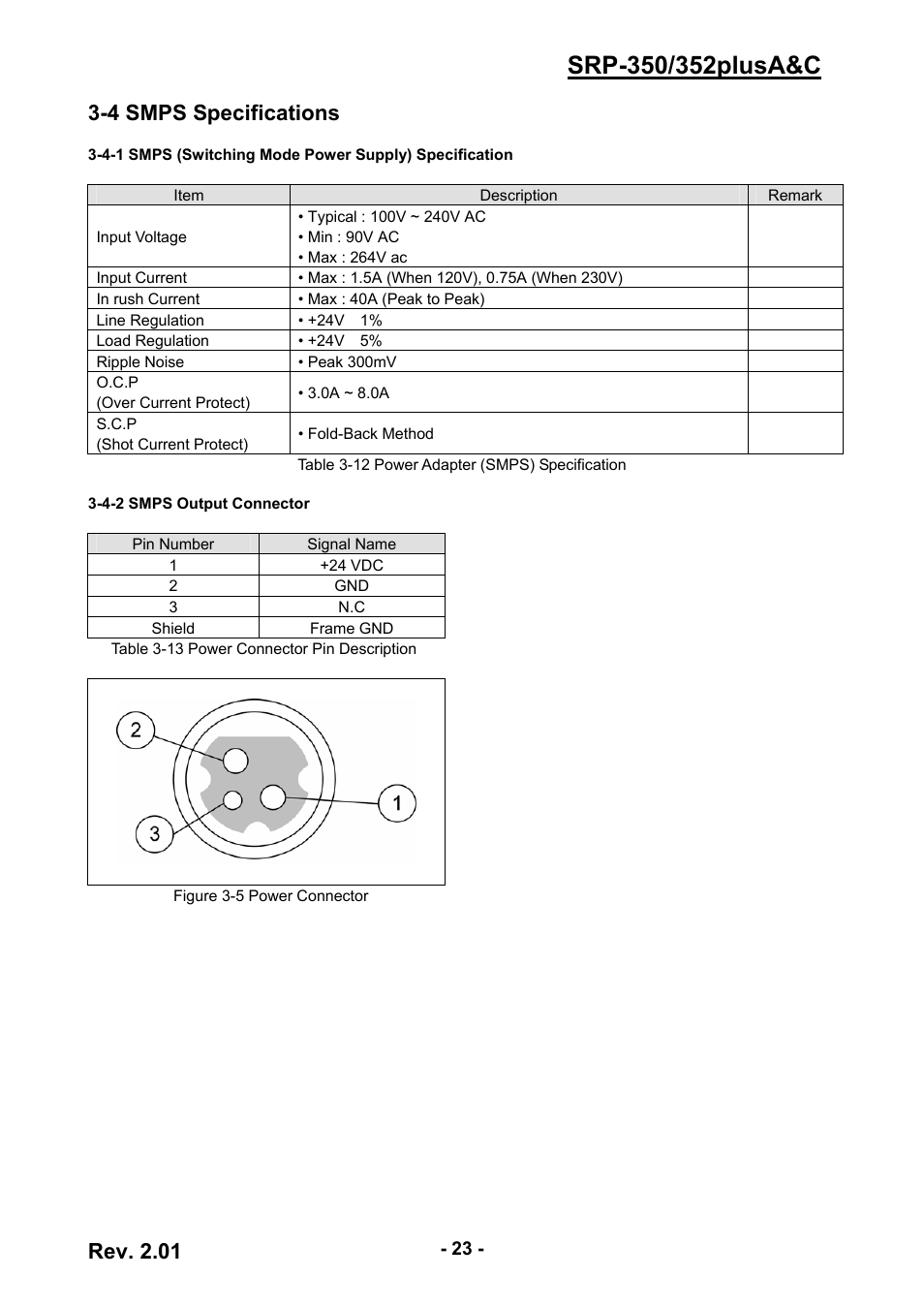 4 smps specifications, 4-2 smps output connector, Rev. 2.01 | BIXOLON 352plusA User Manual | Page 23 / 59