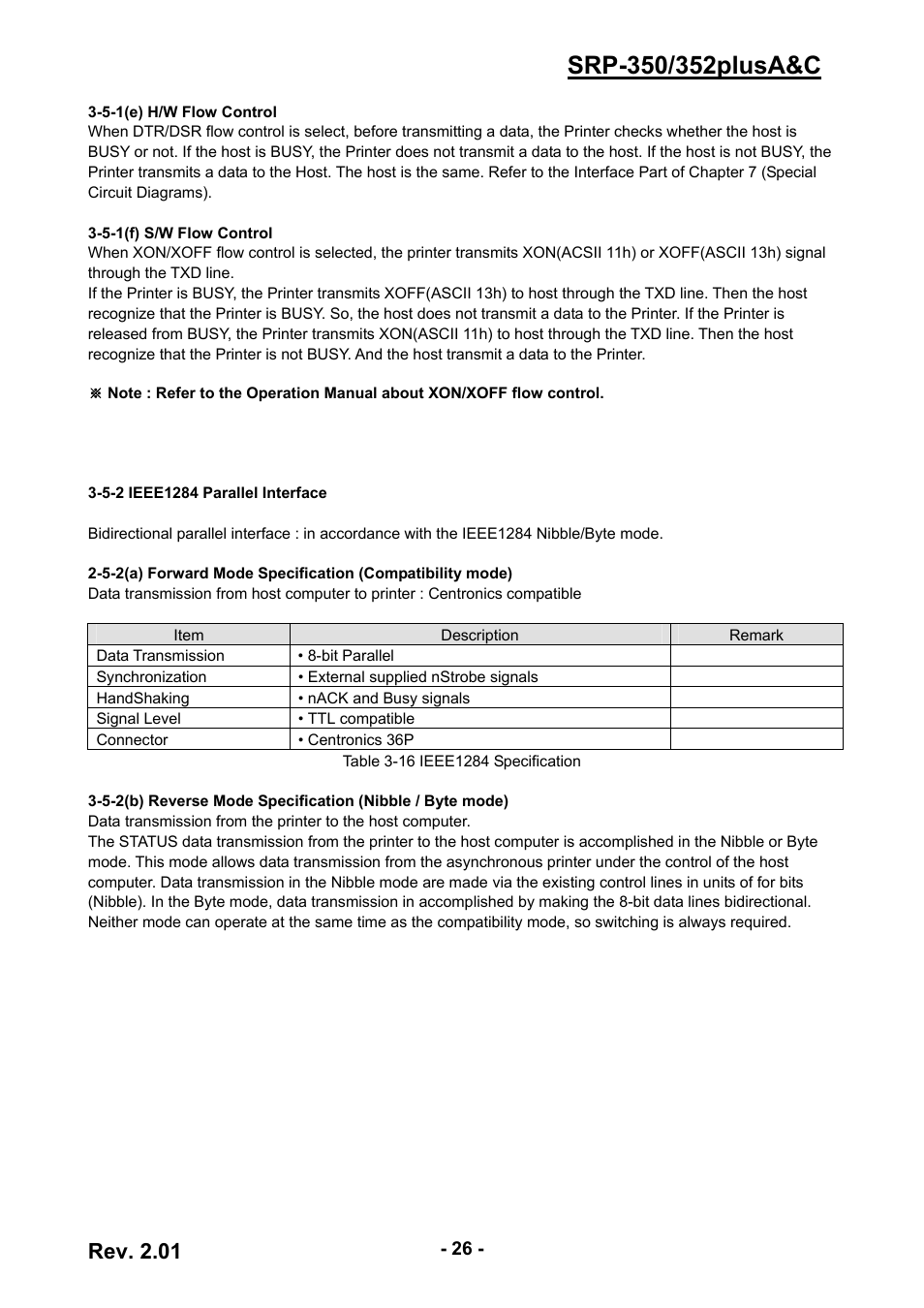 5-2 ieee1284 parallel interface, Rev. 2.01 | BIXOLON 352plusA User Manual | Page 26 / 59