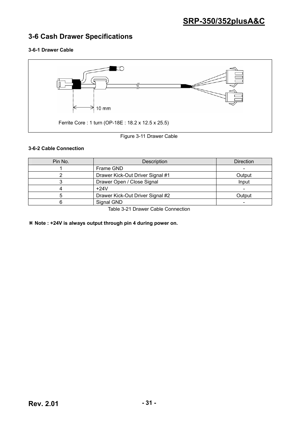 6 cash drawer specifications, 6-1 drawer cable, 6-2 cable connection | 31 3-6-2 cable connection, Rev. 2.01 | BIXOLON 352plusA User Manual | Page 31 / 59