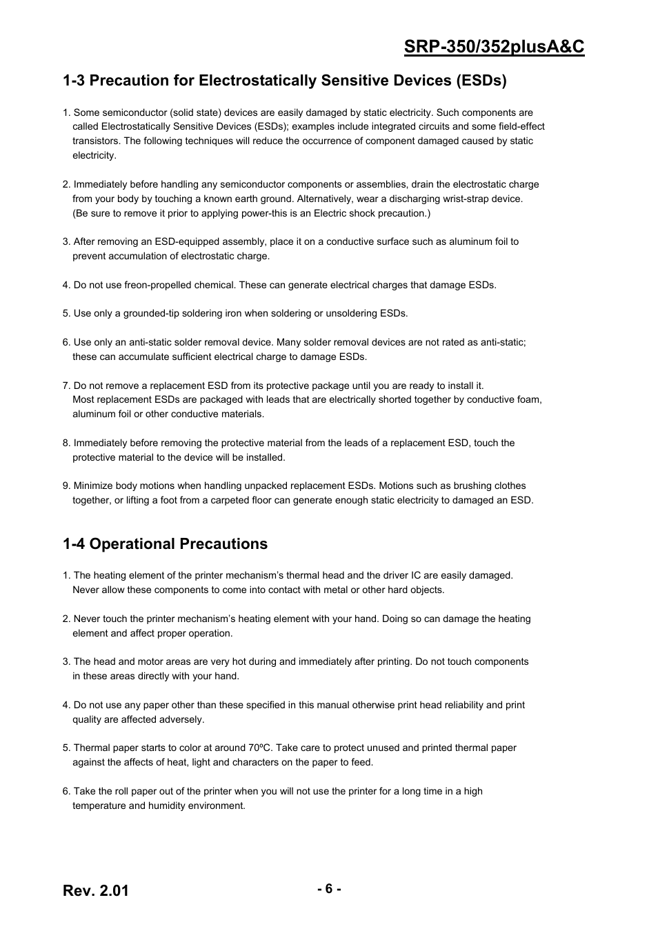 4 operational precautions, 6 1-4 operational precautions, Rev. 2.01 | BIXOLON 352plusA User Manual | Page 6 / 59