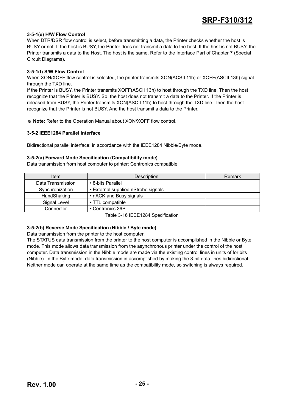 5-2 ieee1284 parallel interface, Rev. 1.00 | BIXOLON SRP-F310/312 User Manual | Page 25 / 66