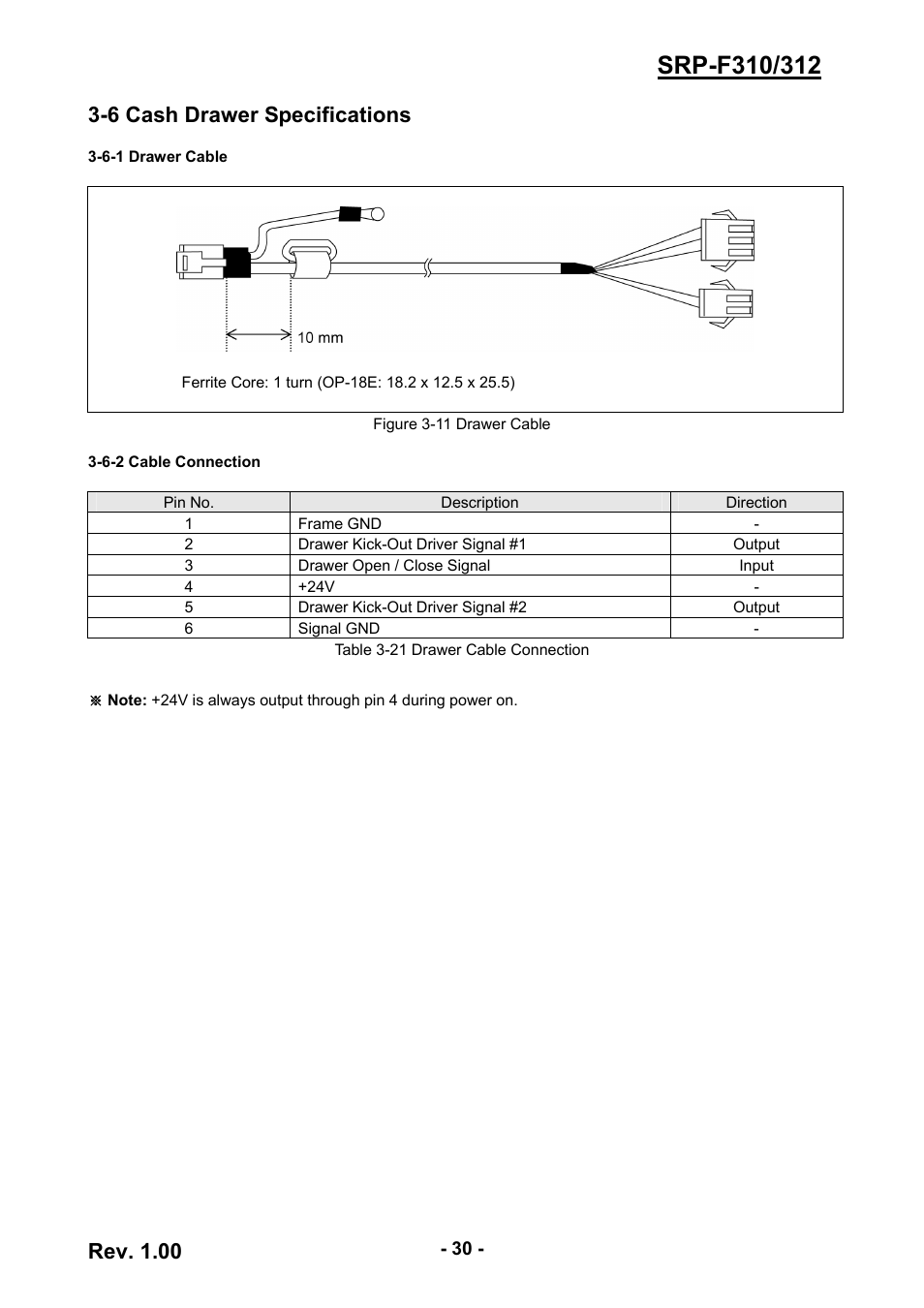 6 cash drawer specifications, 6-1 drawer cable, 6-2 cable connection | 30 3-6-2 cable connection, Rev. 1.00 | BIXOLON SRP-F310/312 User Manual | Page 30 / 66