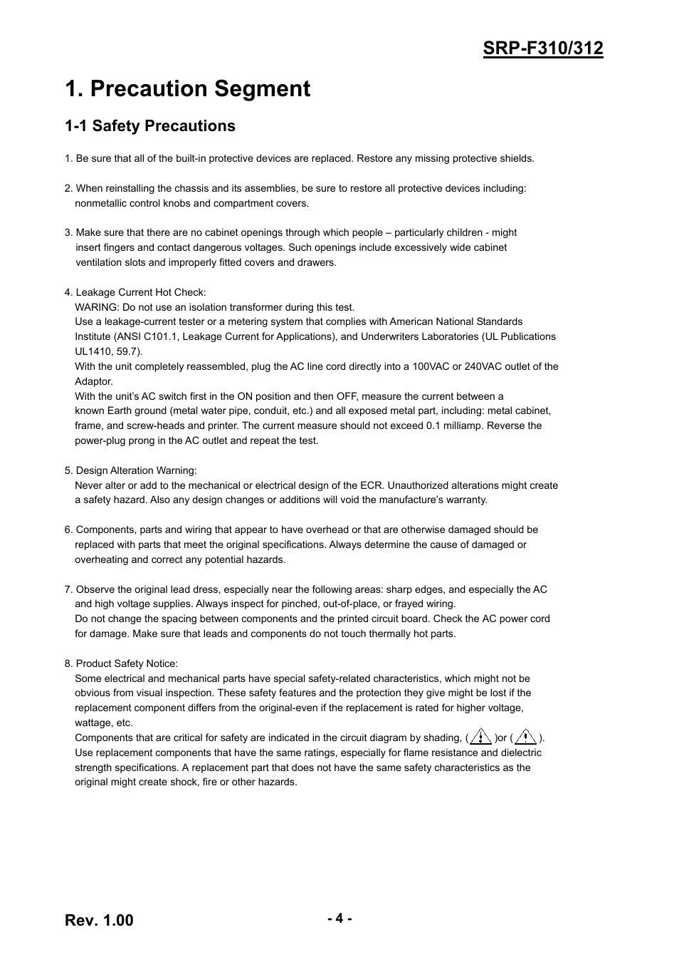 Precaution segment, 1 safety precautions, Rev. 1.00 | BIXOLON SRP-F310/312 User Manual | Page 4 / 66