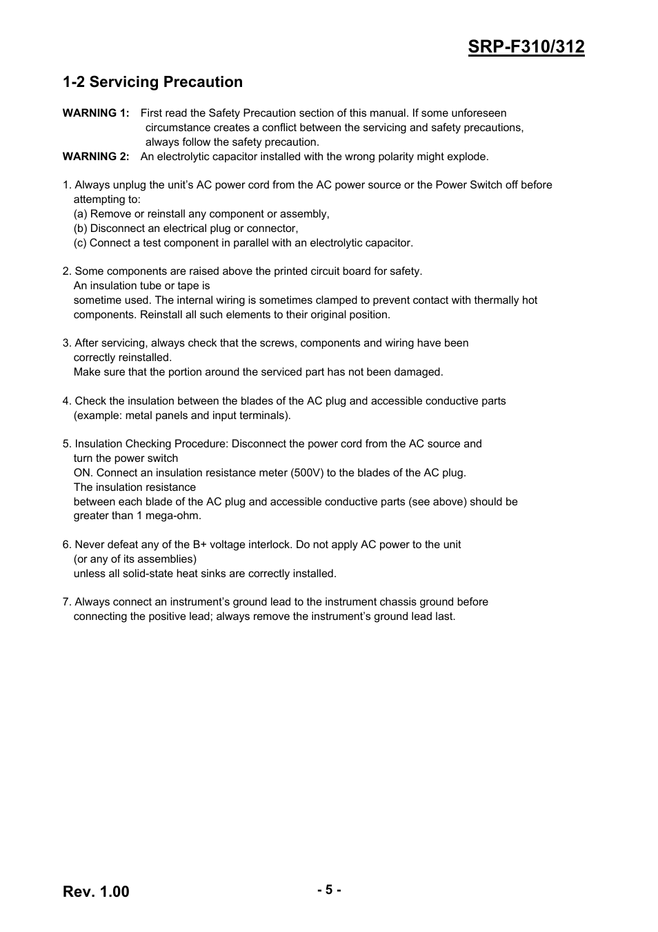 2 servicing precaution, Rev. 1.00 | BIXOLON SRP-F310/312 User Manual | Page 5 / 66