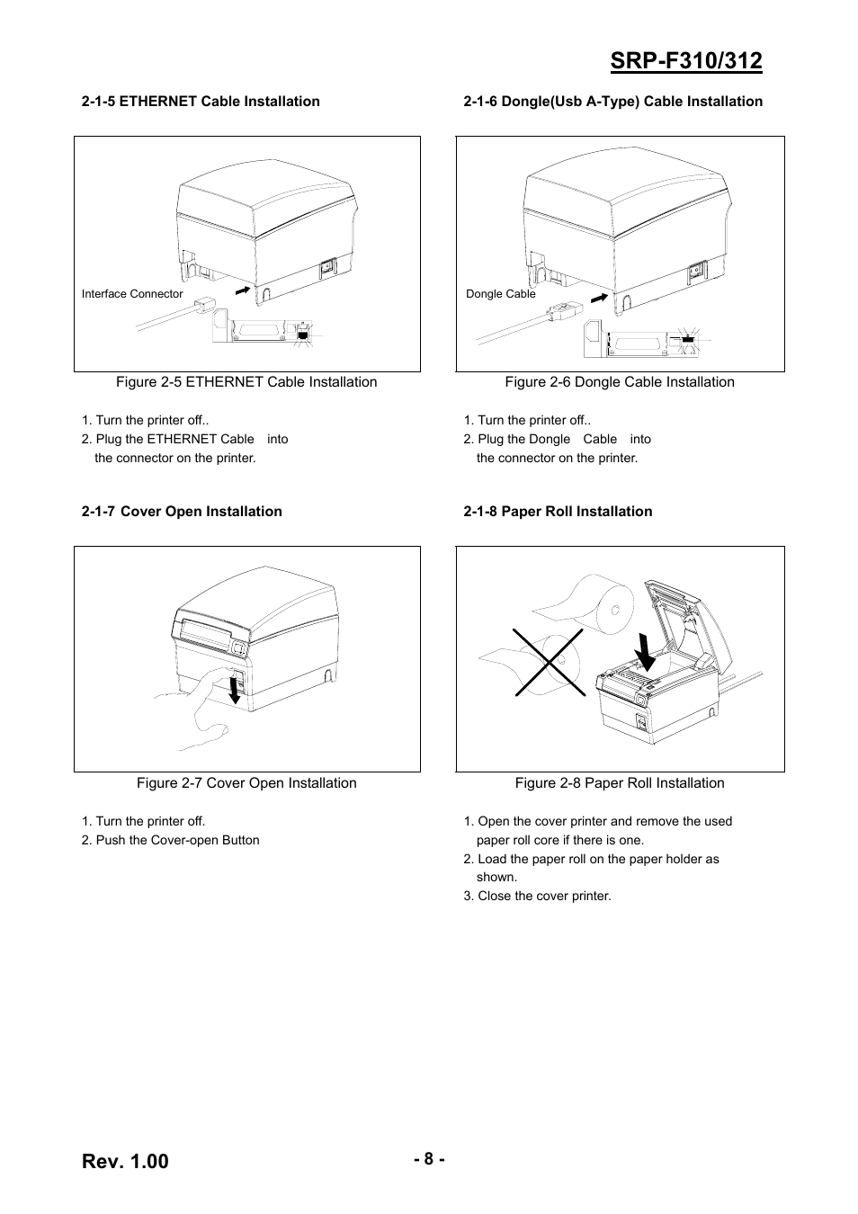 1-5 ethernet cable installation, 1-6 dongle(usb a-type) cable installation, 1-7 cover open installation | 1-8 paper roll installation, 8 2-1-6 dongle(usb a-type) cable installation, 8 2-1-7 cover open installation, 8 2-1-8 paper roll installation, Rev. 1.00 | BIXOLON SRP-F310/312 User Manual | Page 8 / 66
