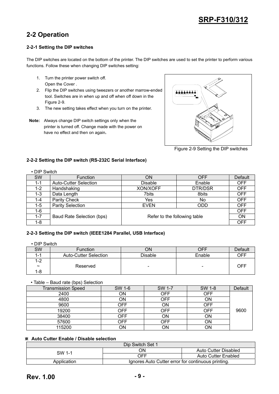 2 operation, 2-1 setting the dip switches, Rev. 1.00 | BIXOLON SRP-F310/312 User Manual | Page 9 / 66