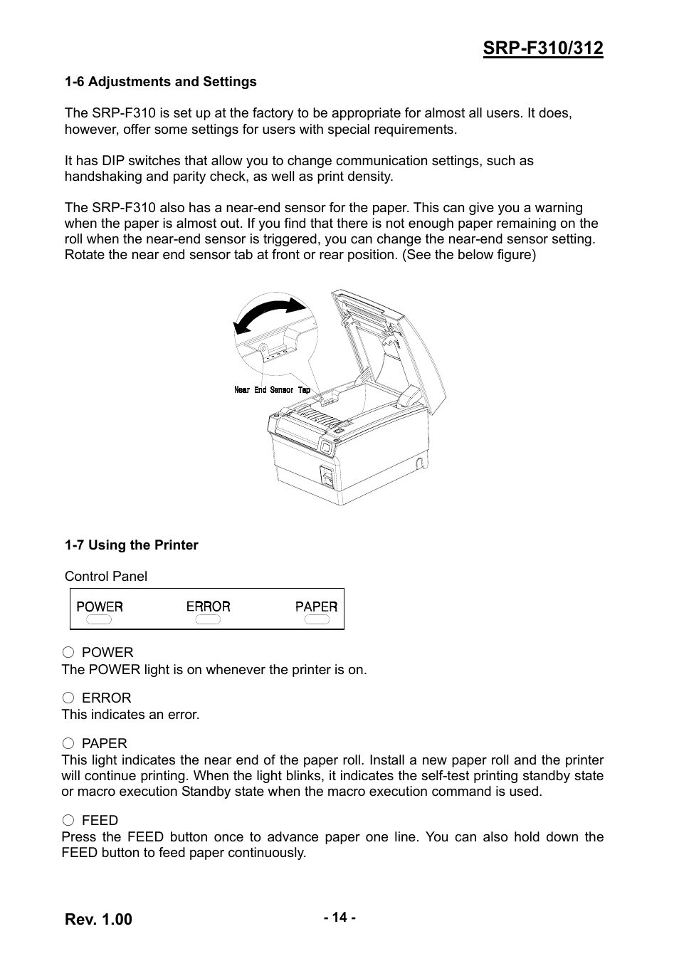 6 adjustments and settings, 7 using the printer, 6 adjustments and settings 1-7 using the printer | Rev. 1.00 | BIXOLON SRP-F312 User Manual | Page 14 / 19