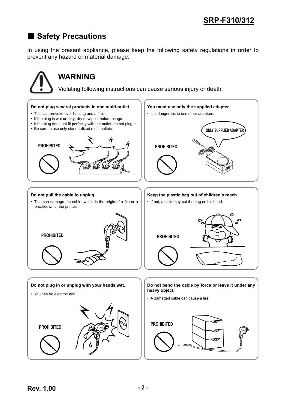 Warning, Rev. 1.00 | BIXOLON SRP-F312 User Manual | Page 2 / 19