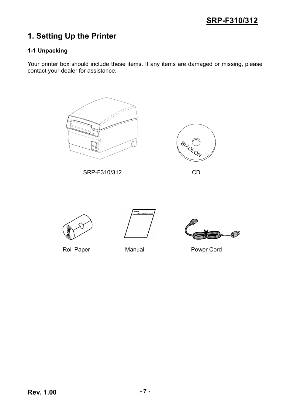 Setting up the printer, 1 unpacking, Rev. 1.00 | BIXOLON SRP-F312 User Manual | Page 7 / 19