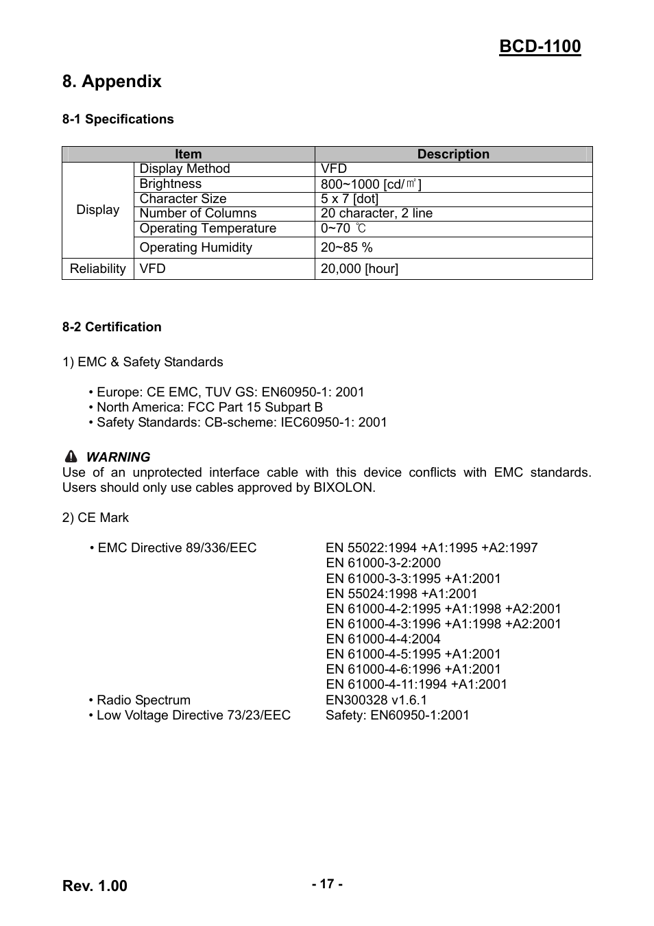 Appendix, 1 specifications, 2 certification | 1 specifications 8-2 certification | BIXOLON BCD-1100 User Manual | Page 17 / 18