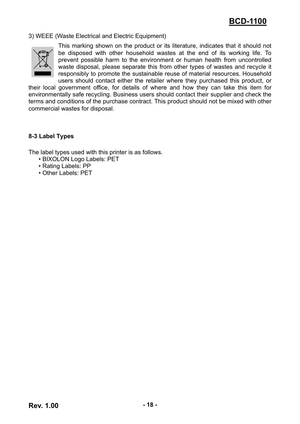 3 label types, Bcd-1100, Rev. 1.00 | BIXOLON BCD-1100 User Manual | Page 18 / 18