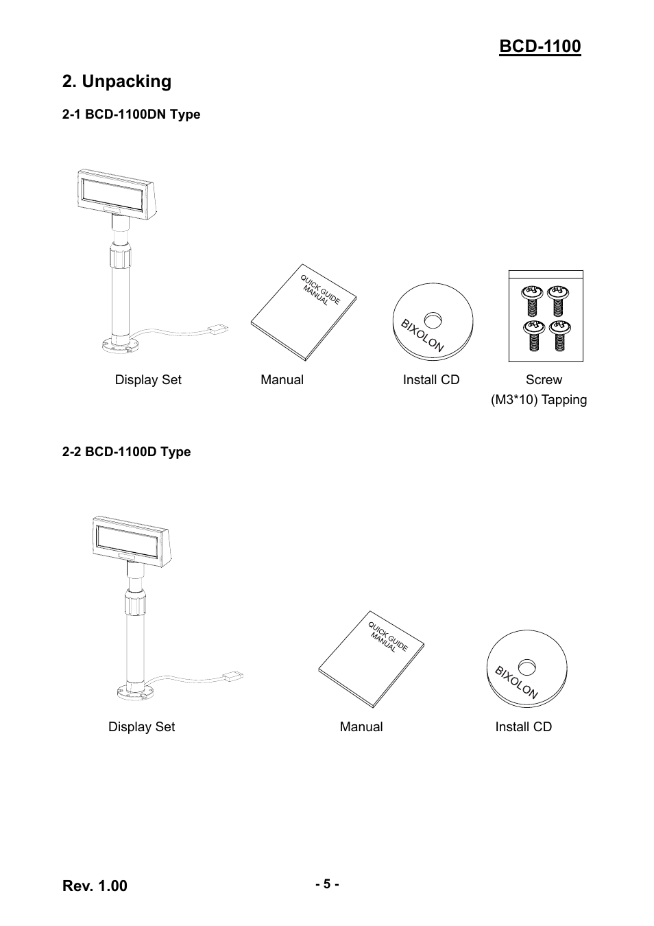 Unpacking, 1 bcd-1100dn type, 2 bcd-1100d type | 1 bcd-1100dn type 2-2 bcd-1100d type | BIXOLON BCD-1100 User Manual | Page 5 / 18