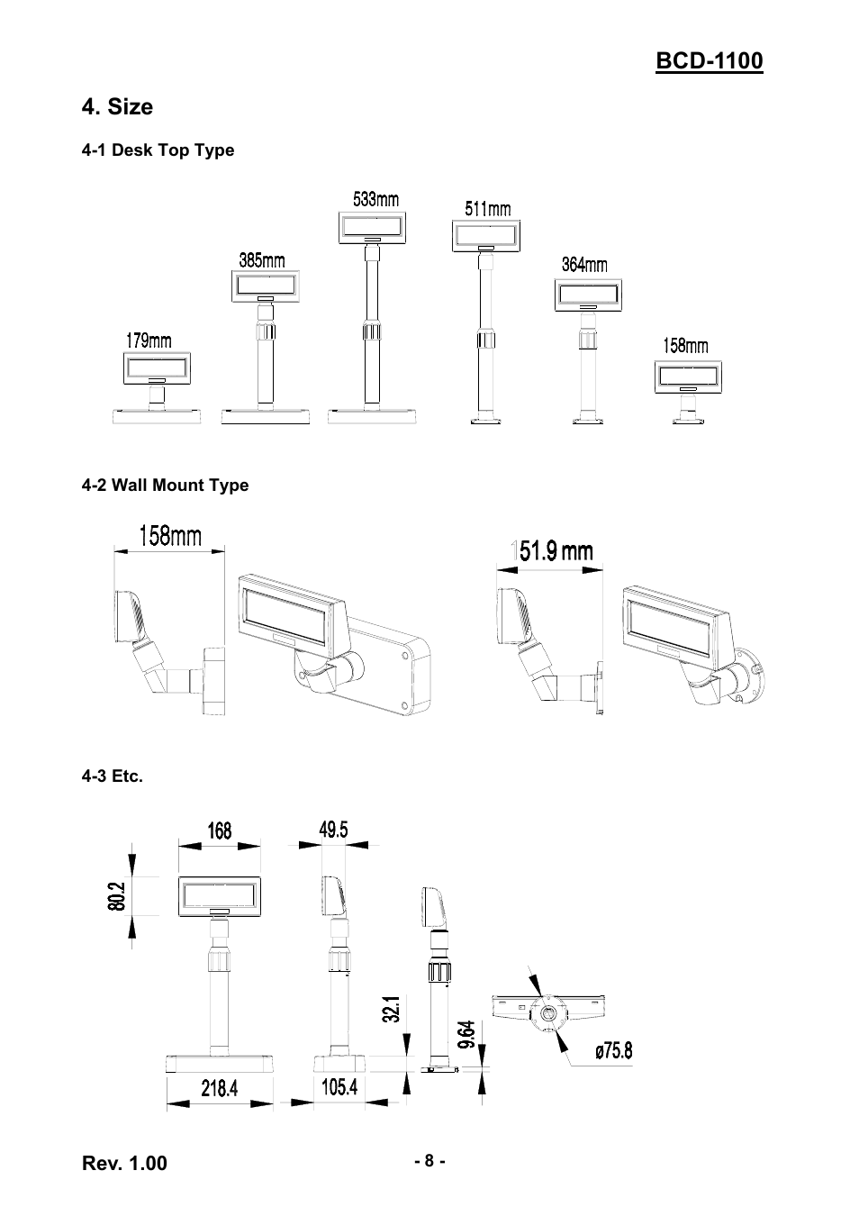 Size, 1 desk top type, 2 wall mount type | 3 etc, 1 desk top type 4-2 wall mount type 4-3 etc | BIXOLON BCD-1100 User Manual | Page 8 / 18