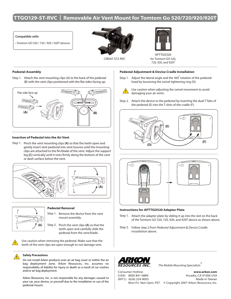 Arkon TTGO129-ST-RVC User Manual | 1 page