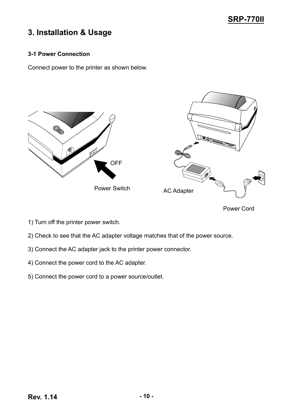 1 power connection, Srp-770ii 3. installation & usage | BIXOLON label printer SRP-770II User Manual | Page 10 / 25