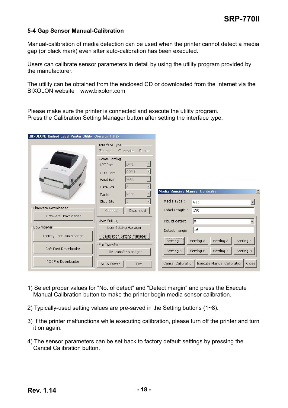 4 gap sensor manual-calibration, Srp-770ii | BIXOLON label printer SRP-770II User Manual | Page 18 / 25