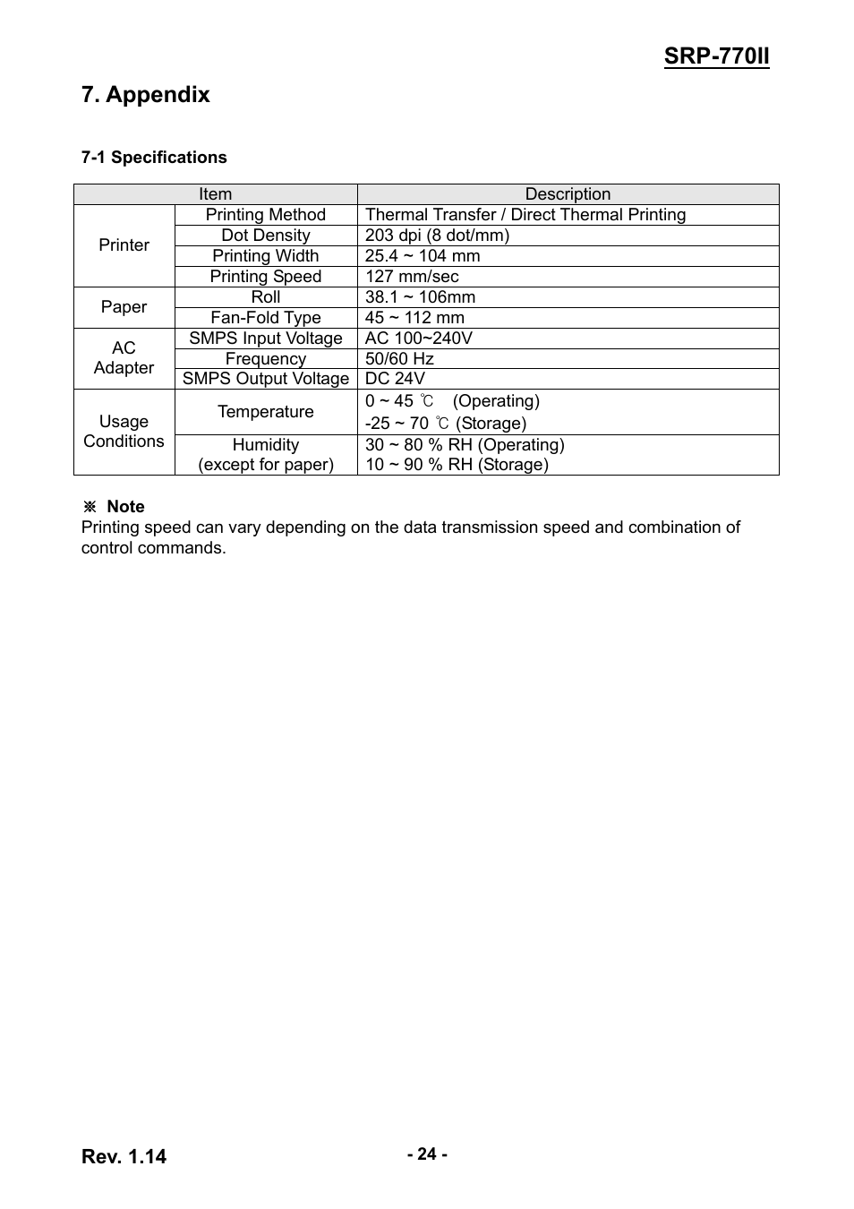 Appendix, 1 specifications, Srp-770ii 7. appendix | BIXOLON label printer SRP-770II User Manual | Page 24 / 25