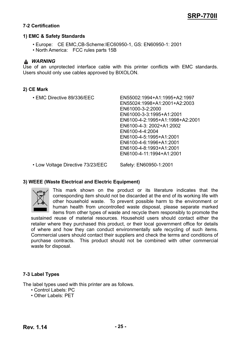 2 certification, 3 label types, Srp-770ii | Rev. 1.14 | BIXOLON label printer SRP-770II User Manual | Page 25 / 25