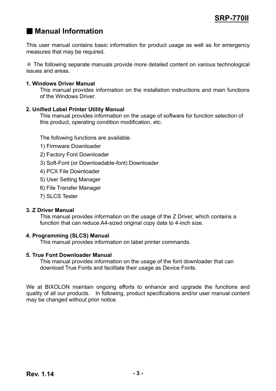 Manual information & usage precautions, Srp-770ii ■ manual information | BIXOLON label printer SRP-770II User Manual | Page 3 / 25