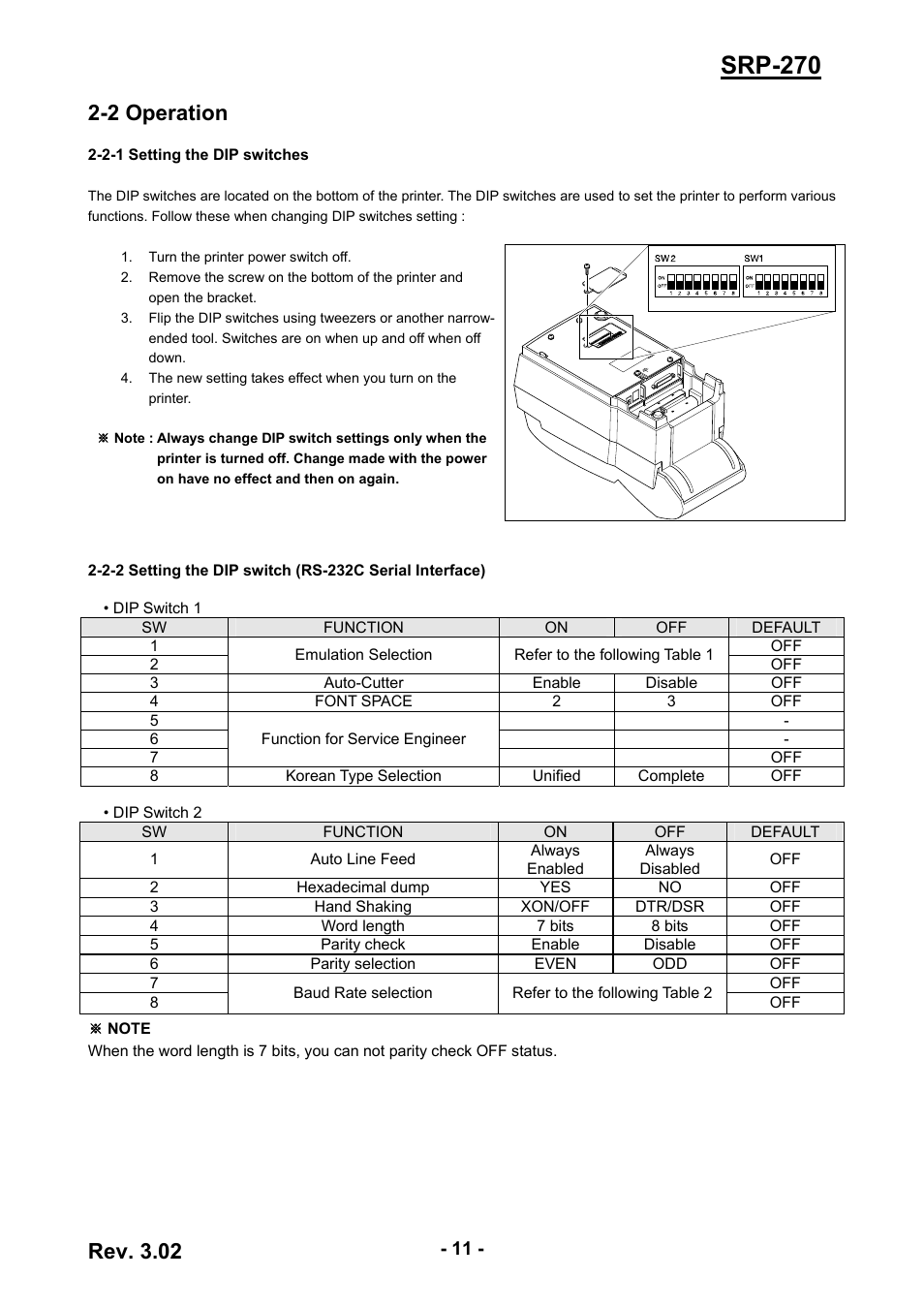 2 operation, 2-1 setting the dip switches, Srp-270 | Rev. 3.02 | BIXOLON IMPACT PRINTER SRP-270 User Manual | Page 11 / 85