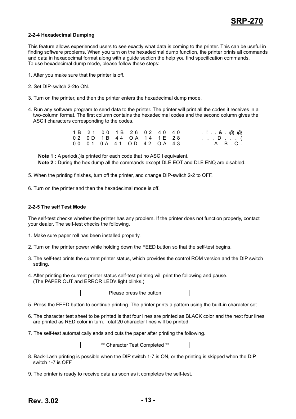 2-4 hexadecimal dumping, 2-5 the self test mode, 13 2-2-5 the self test mode | Srp-270, Rev. 3.02 | BIXOLON IMPACT PRINTER SRP-270 User Manual | Page 13 / 85