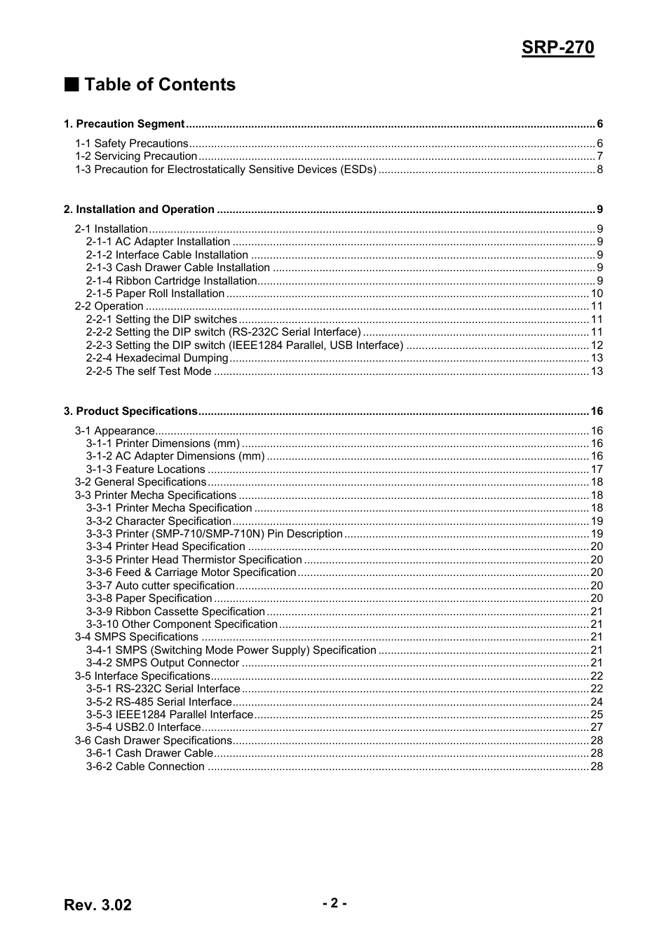 Srp-270 ■ table of contents, Rev. 3.02 | BIXOLON IMPACT PRINTER SRP-270 User Manual | Page 2 / 85