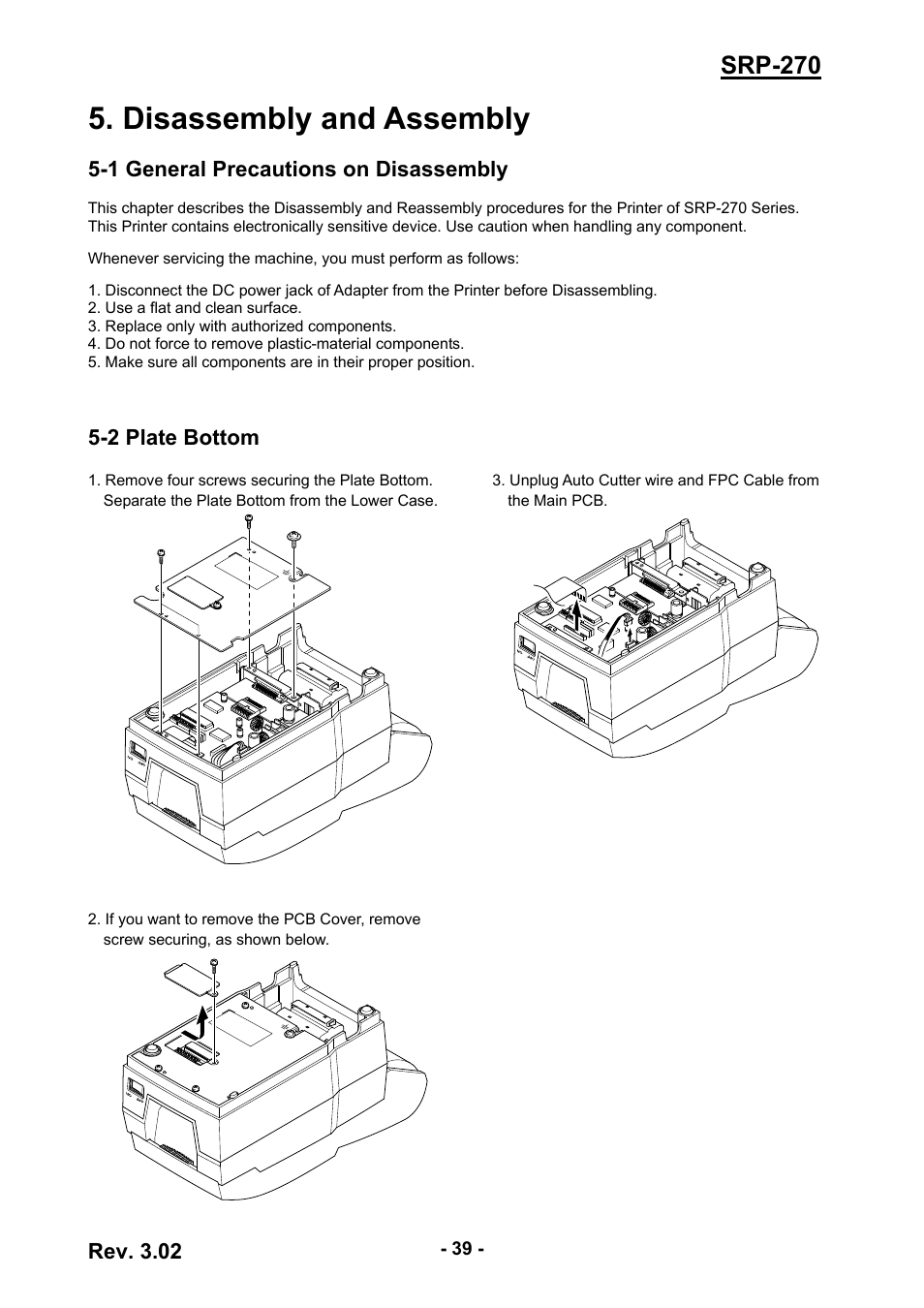 Disassembly and assembly, 1 general precautions on disassembly, 2 plate bottom | 39 5-2 plate bottom, Srp-270, Rev. 3.02 | BIXOLON IMPACT PRINTER SRP-270 User Manual | Page 39 / 85