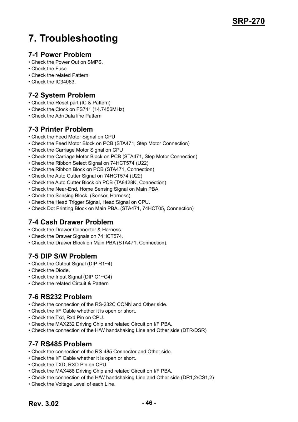 Troubleshooting, 1 power problem, 2 system problem | 3 printer problem, 4 cash drawer problem, 5 dip s/w problem, 6 rs232 problem, 7 rs485 problem, 46 7-2 system problem, 46 7-3 printer problem | BIXOLON IMPACT PRINTER SRP-270 User Manual | Page 46 / 85