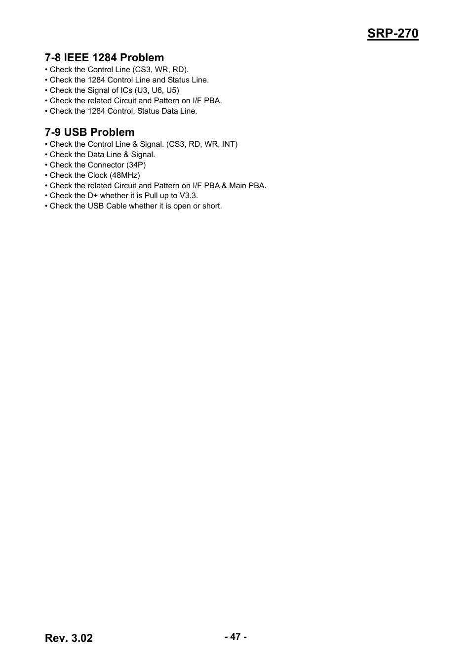 8 ieee 1284 problem, 9 usb problem, 47 7-9 usb problem | Srp-270 | BIXOLON IMPACT PRINTER SRP-270 User Manual | Page 47 / 85