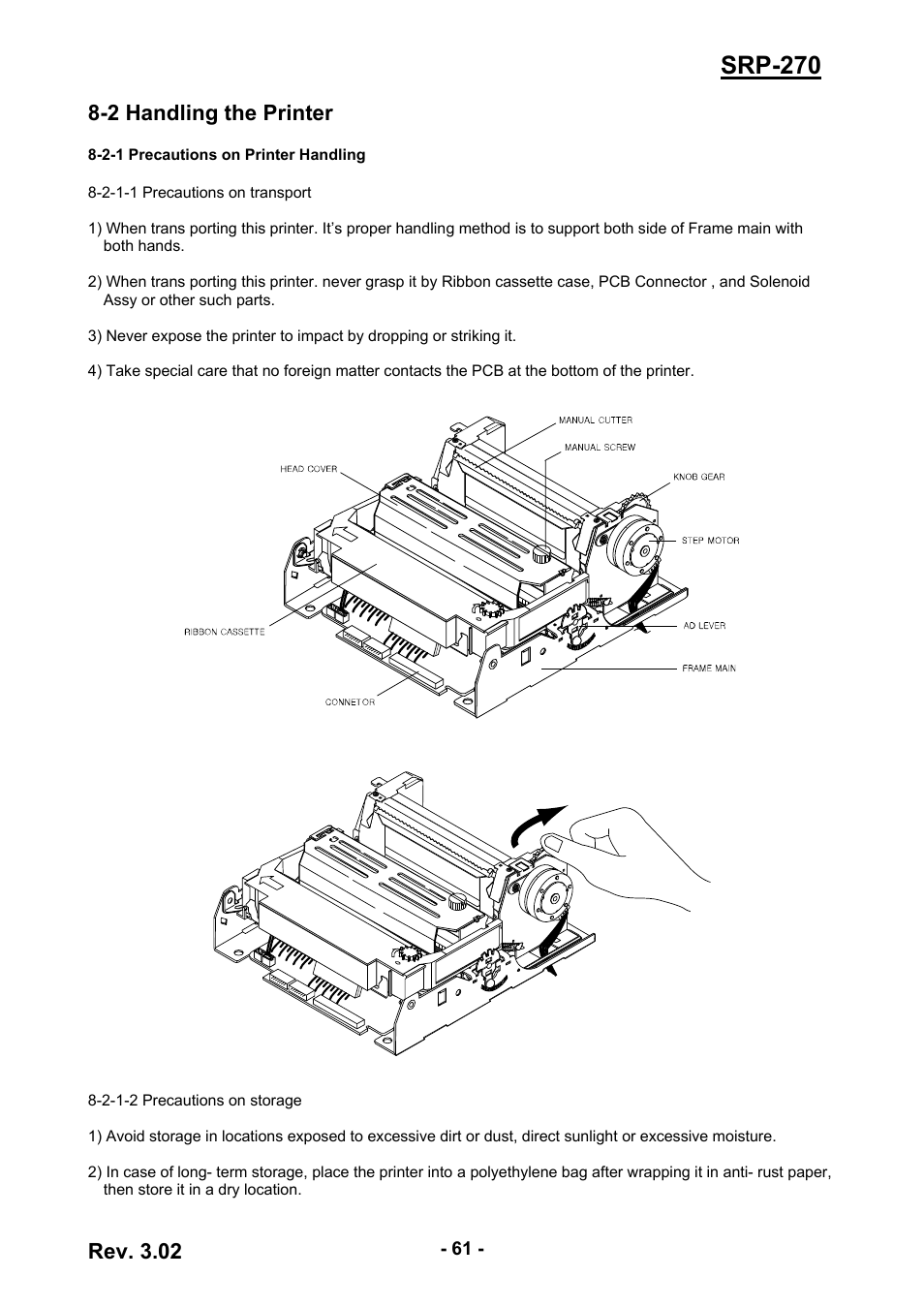 2 handling the printer, 2-1 precautions on printer handling, Srp-270 | Rev. 3.02 | BIXOLON IMPACT PRINTER SRP-270 User Manual | Page 61 / 85