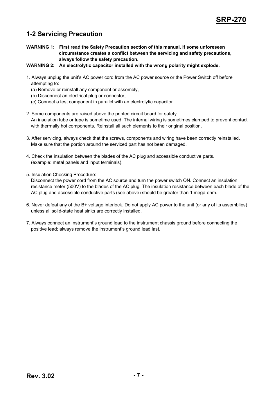 2 servicing precaution, Srp-270, Rev. 3.02 | BIXOLON IMPACT PRINTER SRP-270 User Manual | Page 7 / 85