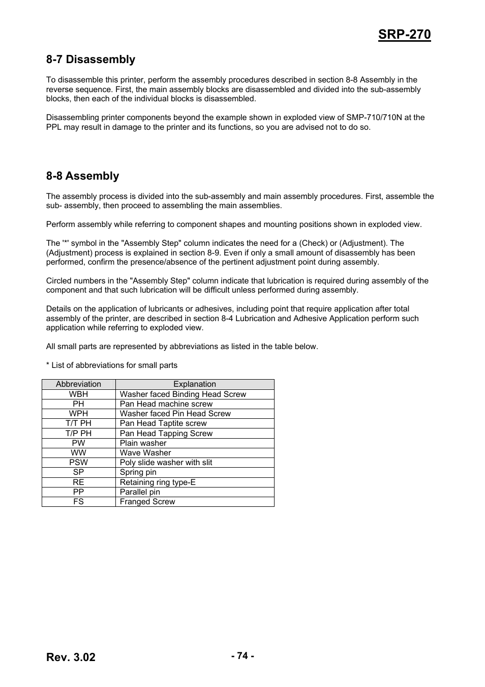 7 disassembly, 8 assembly, 74 8-8 assembly | Srp-270, Rev. 3.02 | BIXOLON IMPACT PRINTER SRP-270 User Manual | Page 74 / 85