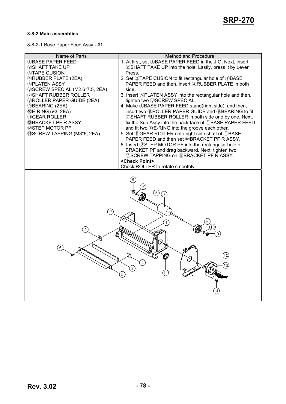 8-2 main-assemblies, Srp-270, Rev. 3.02 | BIXOLON IMPACT PRINTER SRP-270 User Manual | Page 78 / 85