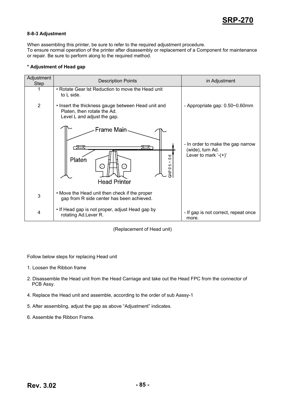 8-3 adjustment, Srp-270, Rev. 3.02 | BIXOLON IMPACT PRINTER SRP-270 User Manual | Page 85 / 85