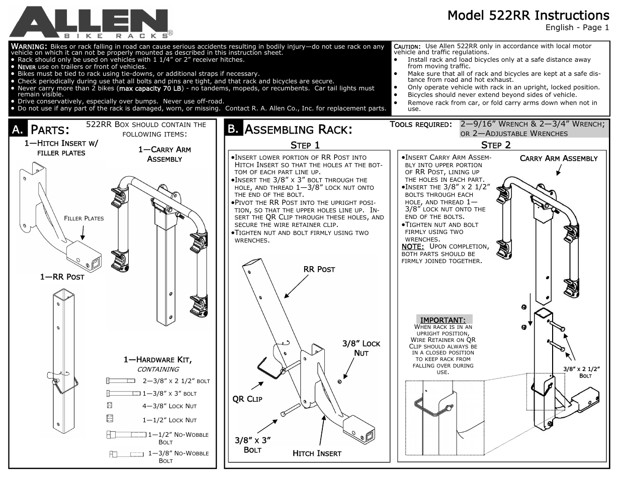 Allen Sports 522RR User Manual | 2 pages