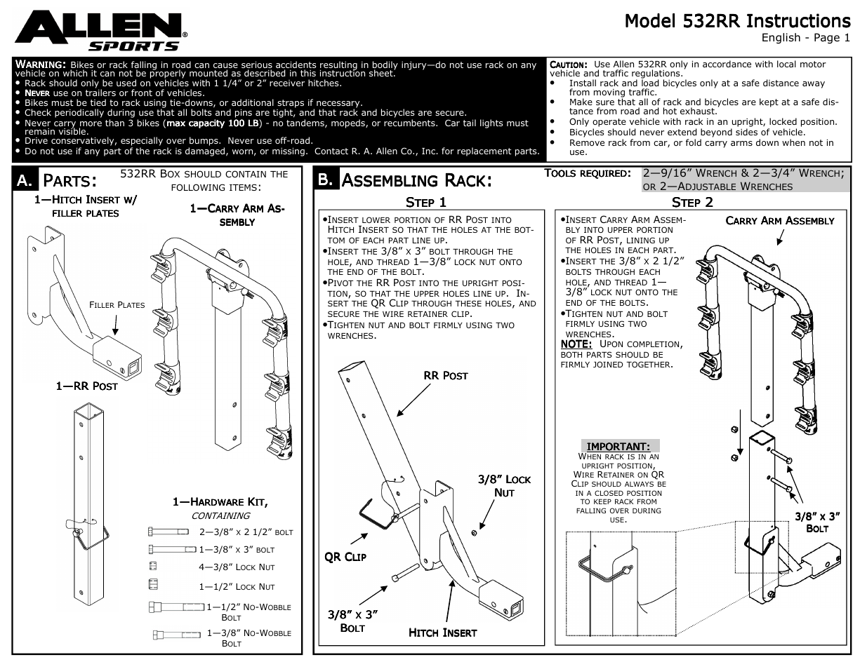 Allen Sports 532RR User Manual | 2 pages