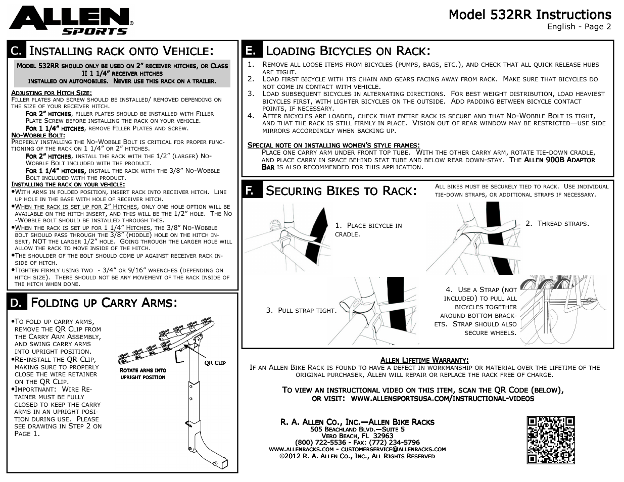 Olding, Arry, Oading | Icycles, Ecuring, Ikes, Nstalling, Rack, Onto, Ehicle | Allen Sports 532RR User Manual | Page 2 / 2