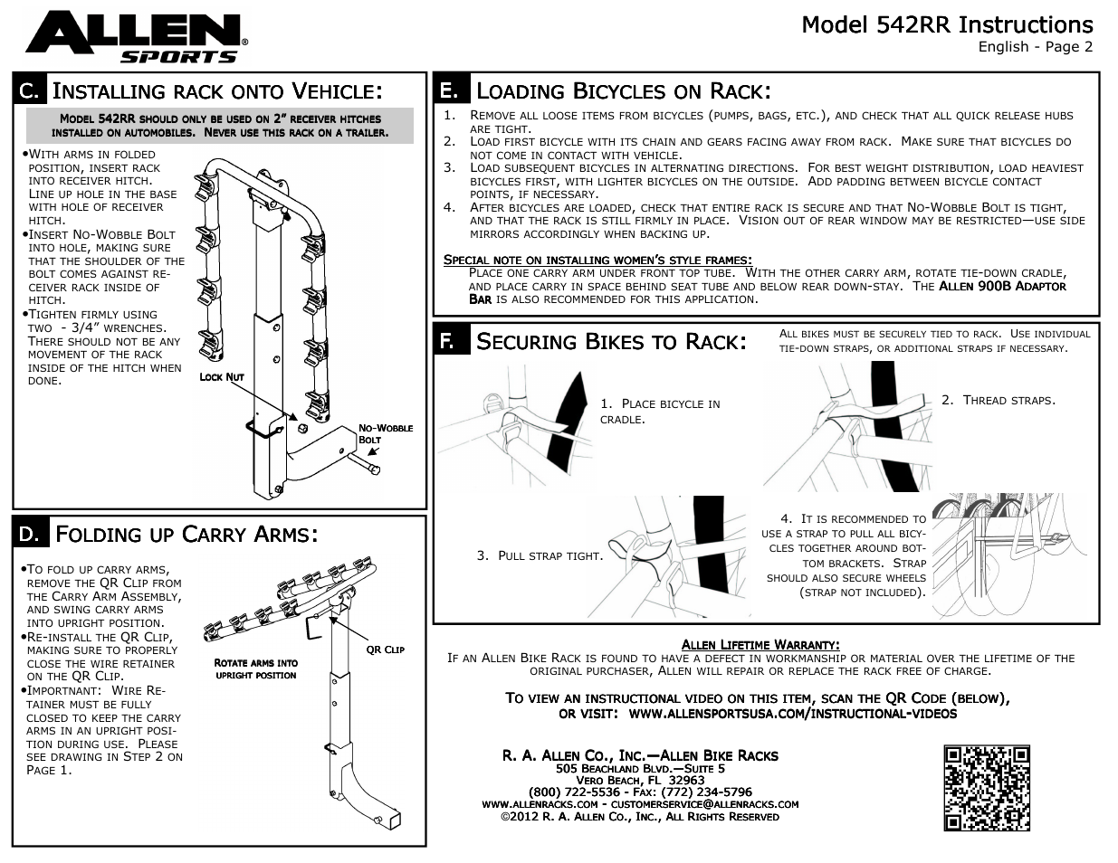 Nstalling, Rack, Onto | Ehicle, Olding, Arry, Oading, Icycles, Ecuring, Ikes | Allen Sports 542RR User Manual | Page 2 / 2