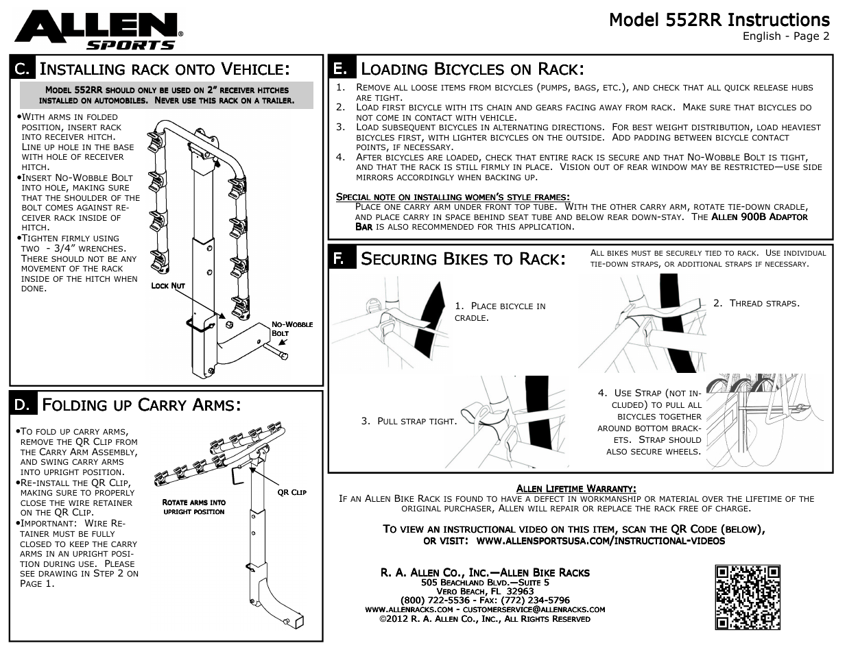 Nstalling, Rack, Onto | Ehicle, Olding, Arry, Oading, Icycles, Ecuring, Ikes | Allen Sports 552RR User Manual | Page 2 / 2