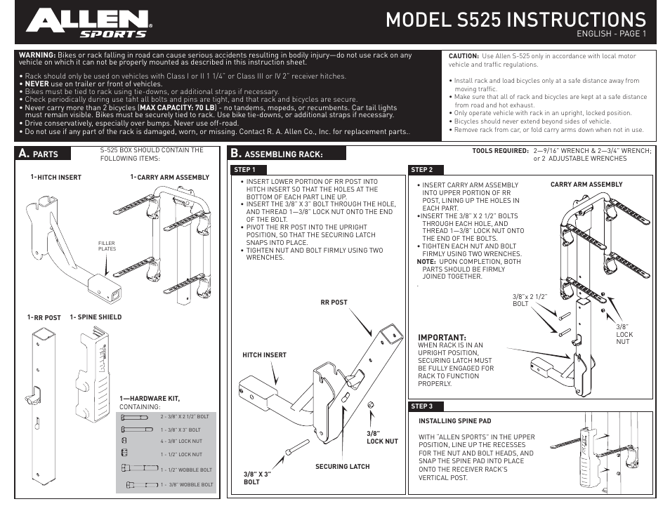 Allen Sports S525 User Manual | 2 pages