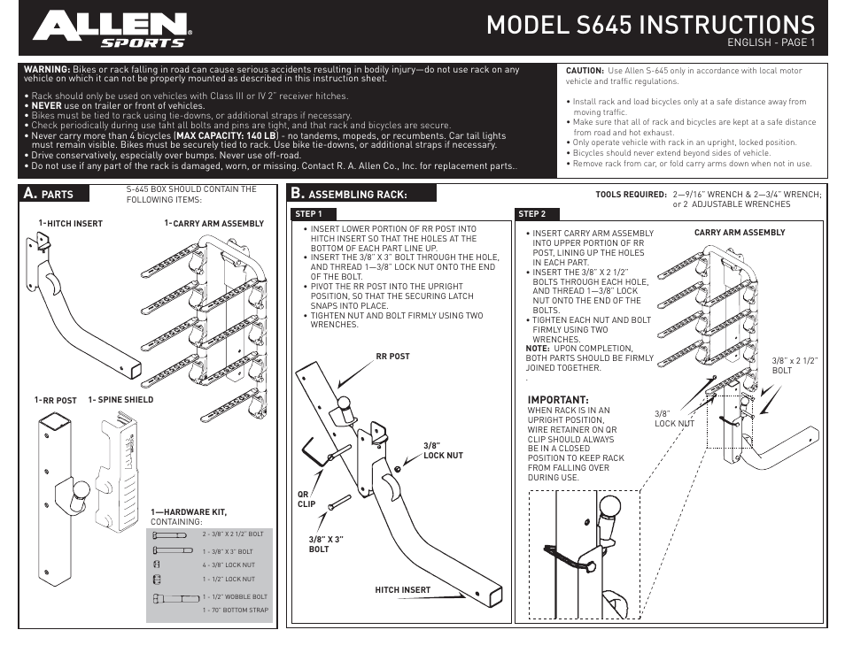 Allen Sports S645 User Manual | 2 pages