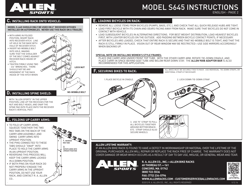 Model s645 instructions, D. e | Allen Sports S645 User Manual | Page 2 / 2