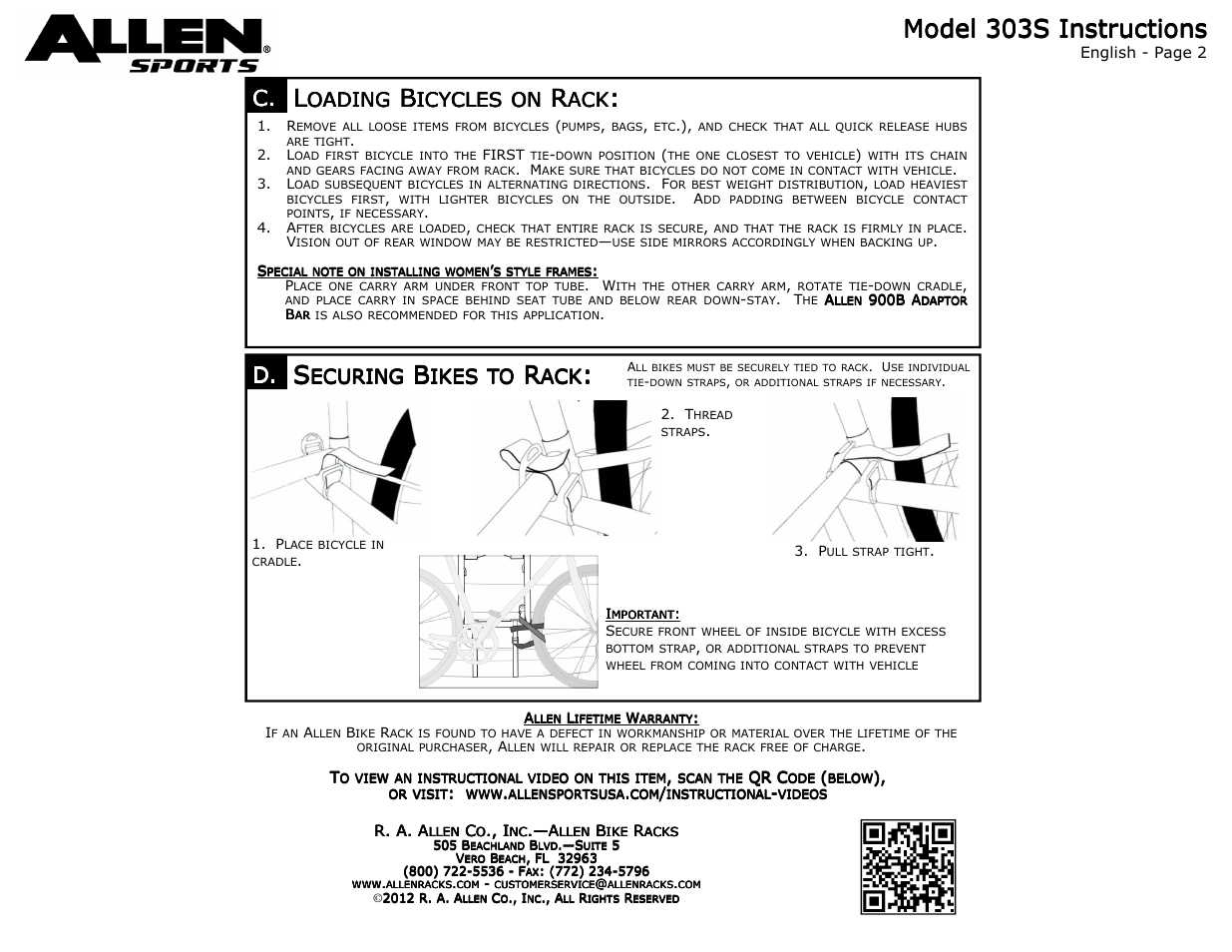 Oading, Icycles, Ecuring | Ikes | Allen Sports 303S User Manual | Page 2 / 2